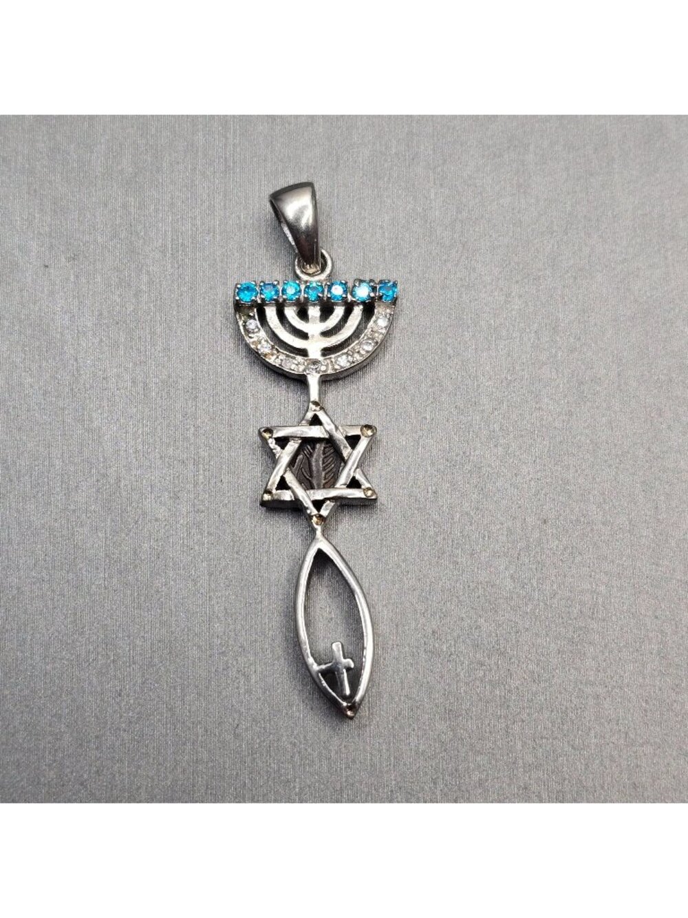 Vintage Sterling Silver 925 Messianic Symbol Pendant 2" Menorah Star Fish